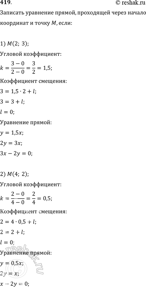 Изображение 419. Записать уравнение прямой, проходящей через начало координат и точку M, если:1) M(2; 3);   2) M(4; 2);   3) M(-6; 1);   4) M(2;...