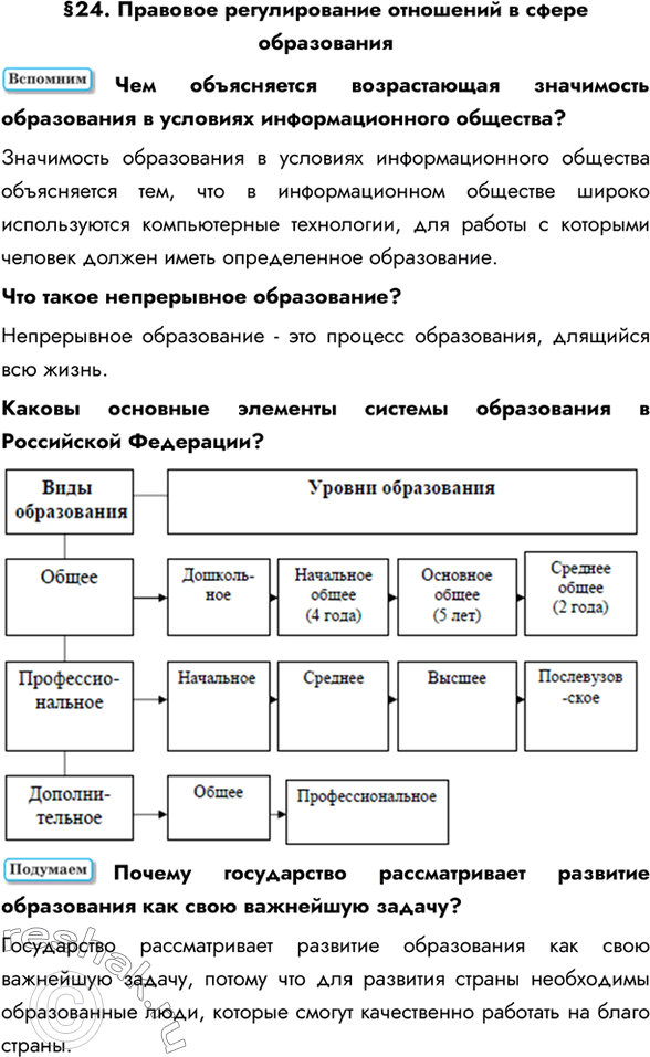 Изображение §24. Правовое регулирование отношений в сфере образованияЧем объясняется возрастающая значимость образования в условиях информационного общества? Значимость...
